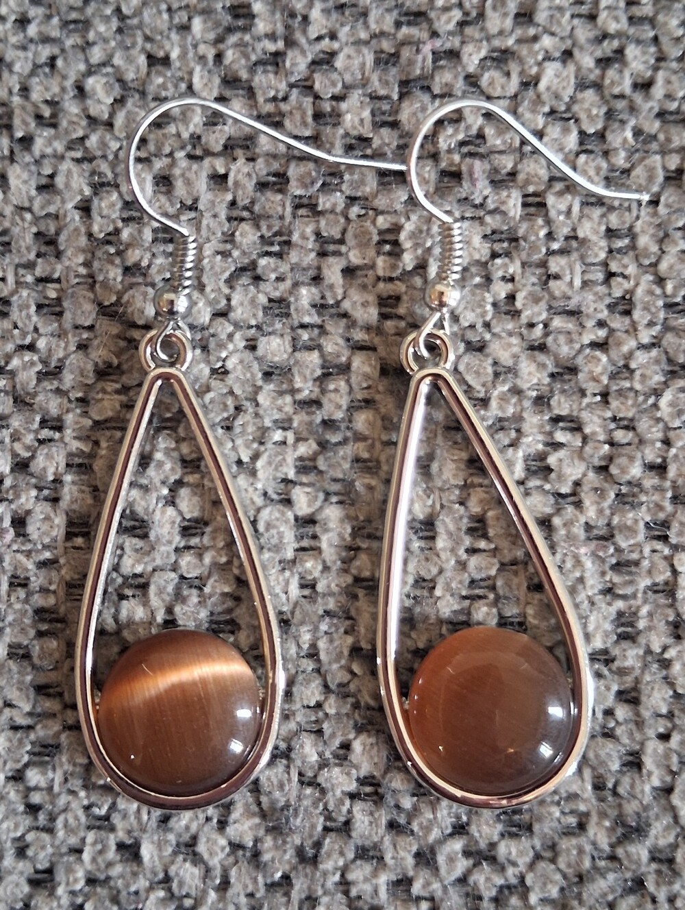 Silver Teardrop Earrings with Brown Cat's Eye Stones